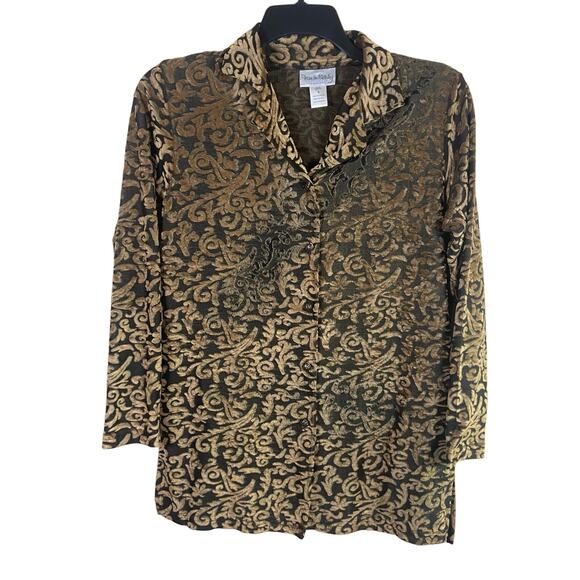 Diane von Furstenberg Vintage Top Women Small Gold Burnout Velvet Button Blouse - Picture 1 of 10